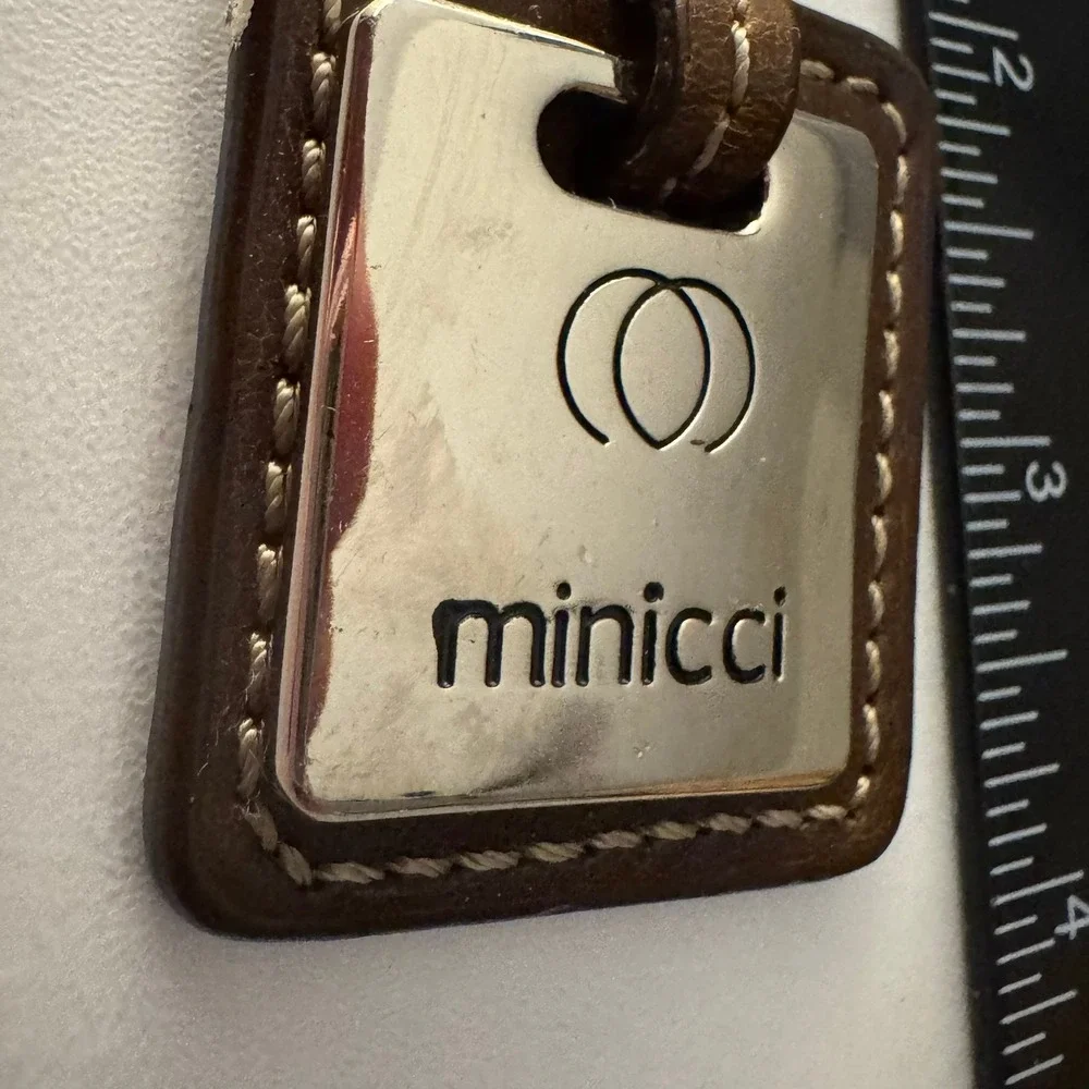 Minicci Keychain Key Ring Brown Leather Silver Tone Logo‎ Keyfob
